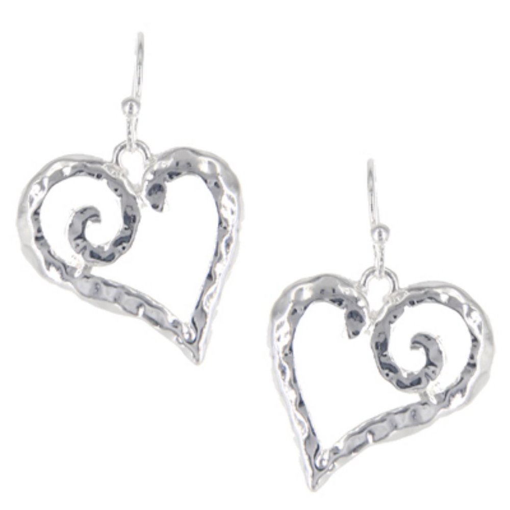 Silvertone Dangle Abstract Swirl Design Heart Earrings on Euro Hooks 3/4" L